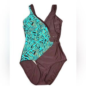 Shape Detector Vintage Brown Teal& gold zebra print wrap w gold ring One Piece